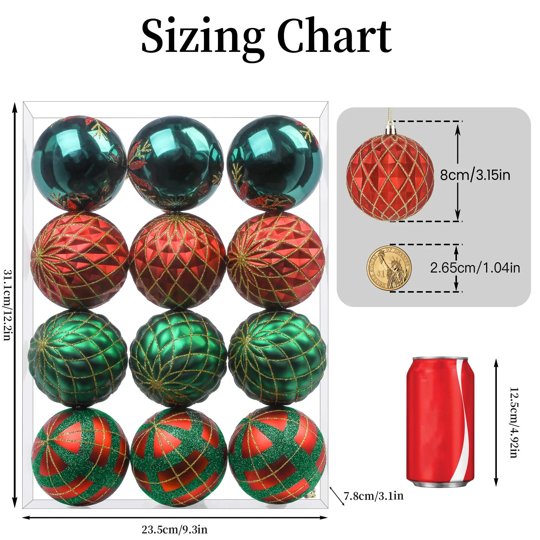 12ct 3.15 Inch Red & Green Christmas Tree Balls Ornaments