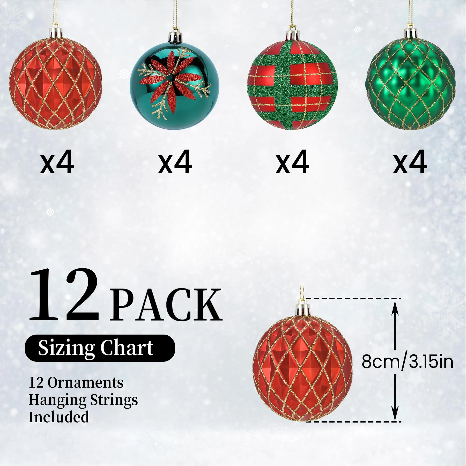 12ct 3.15 Inch Red & Green Christmas Tree Balls Ornaments