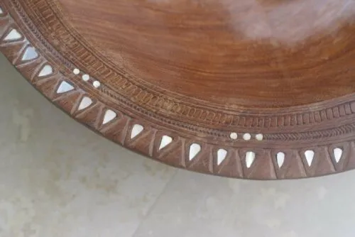 16”x 16”x 4”UNIQUE  STUNNING KWILA WOOD DEEP BOWL WITH INCISED BORDERS AND TEAR SHAPE & ROUND MOTHER OF PEARL INLAYS BY RENOWNED TRIBAL SCULPTOR FROM REMOTE TROBRIAND ISLANDS MELANESIA MASSIM SOUTH PACIFIC COLLECTOR DESIGNER ART 2A64