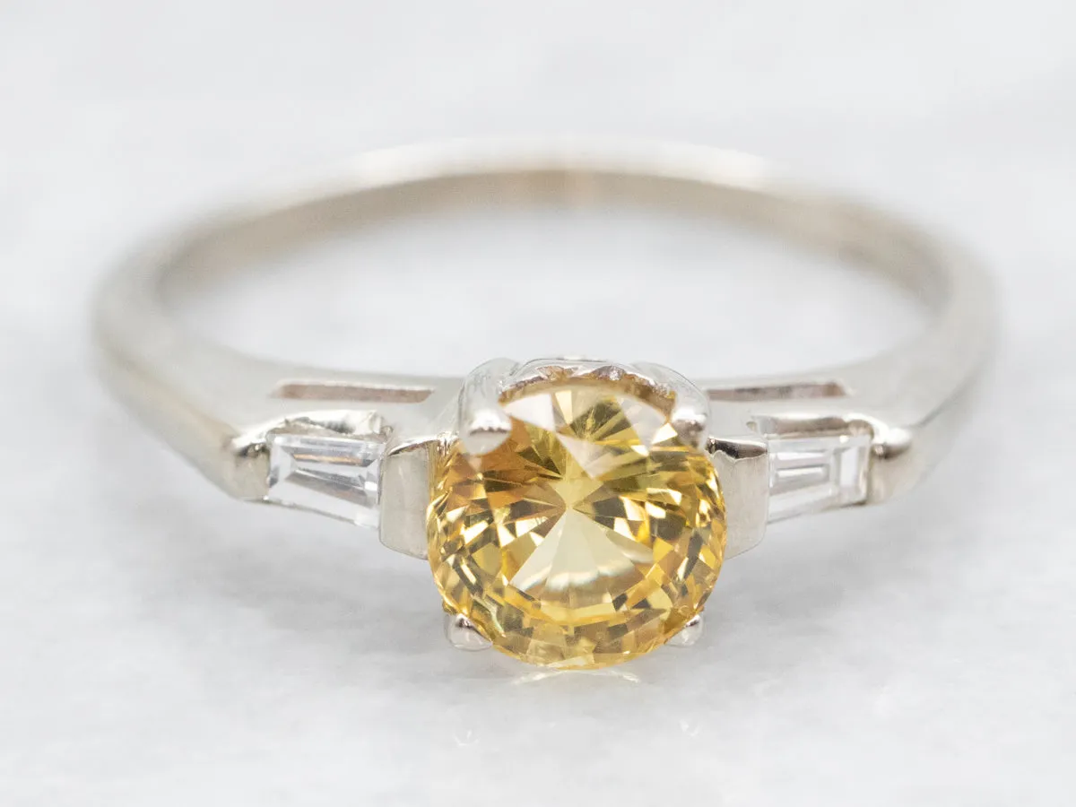 1950s Retro Yellow Sapphire and Baguette Diamond Engagement Ring