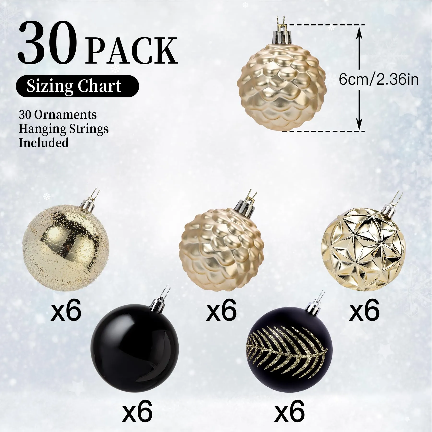 30ct 2.36 Inch Black & Gold Christmas Tree Balls Ornaments