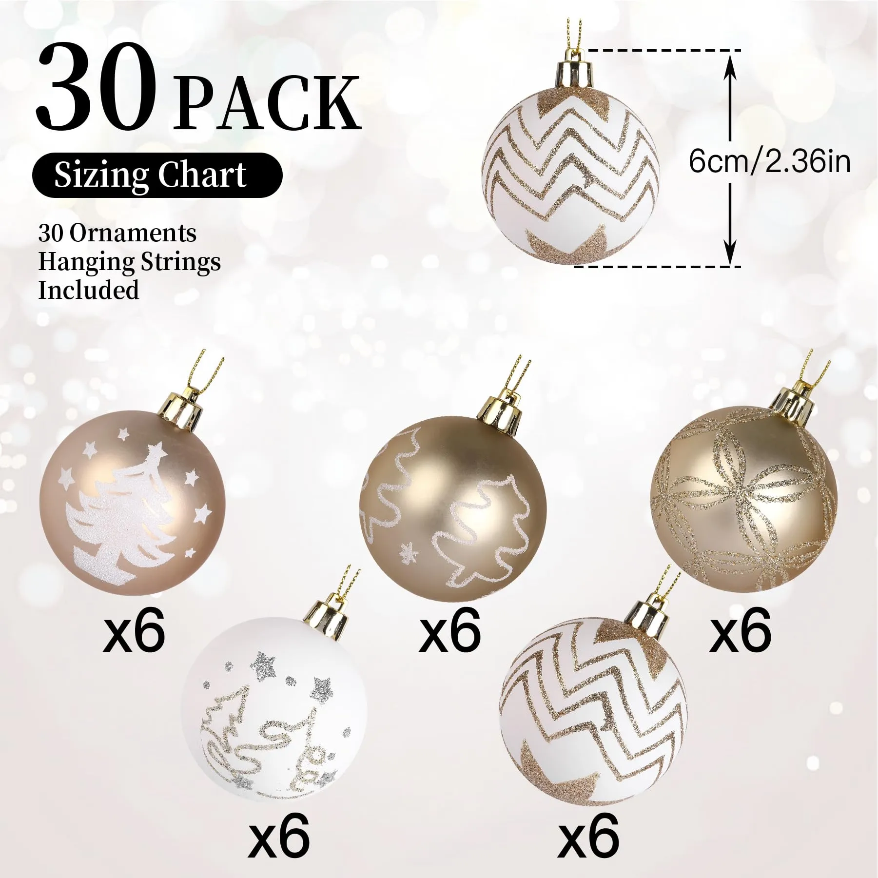 30ct 2.36 Inch Champagne Gold & White Christmas Tree Balls Ornaments