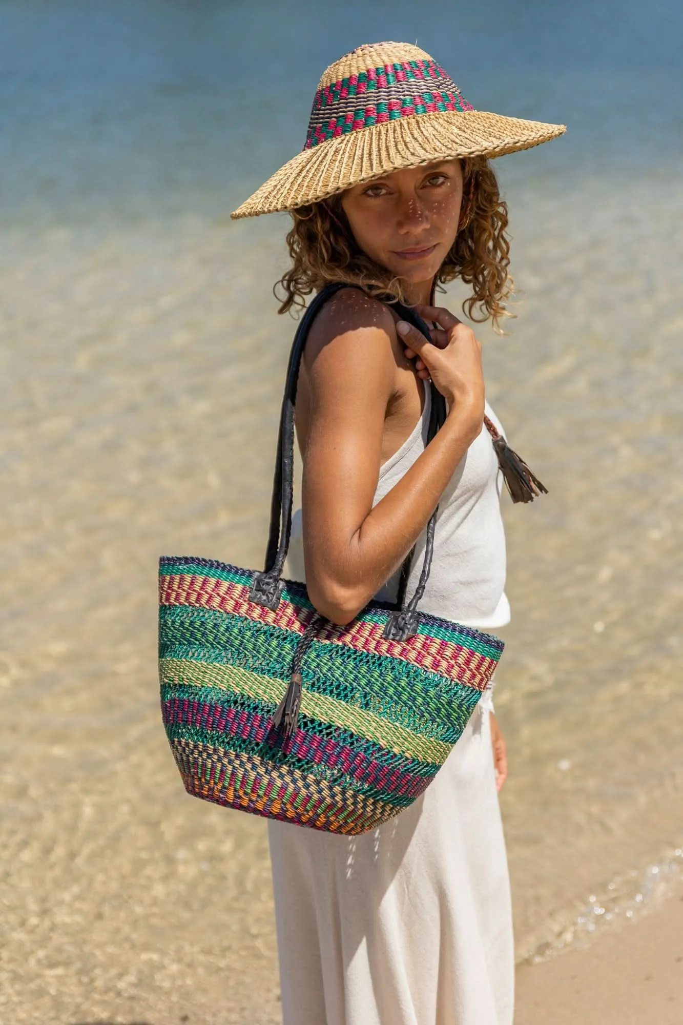 African Woven Basket in Blue Red Green - Wholesale