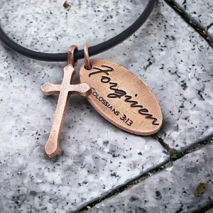 Cross Antique Copper Metal Finish Forgiven Tag Black Cord Necklace