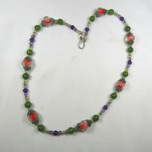 Green Jade, Amethyst and Handmade Artisan Bead Necklace