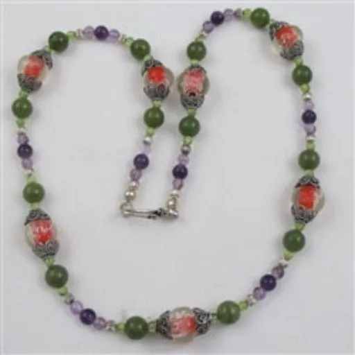 Green Jade, Amethyst and Handmade Artisan Bead Necklace