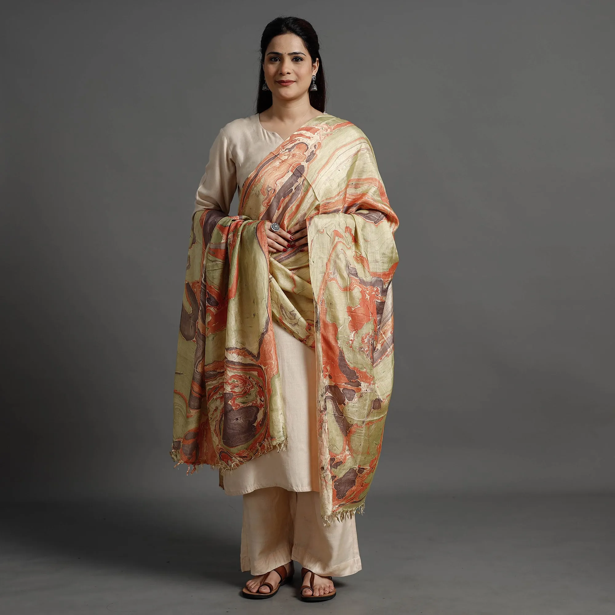 Multicolor - Banana Silk Marble Printed Dupatta with Tassels 14