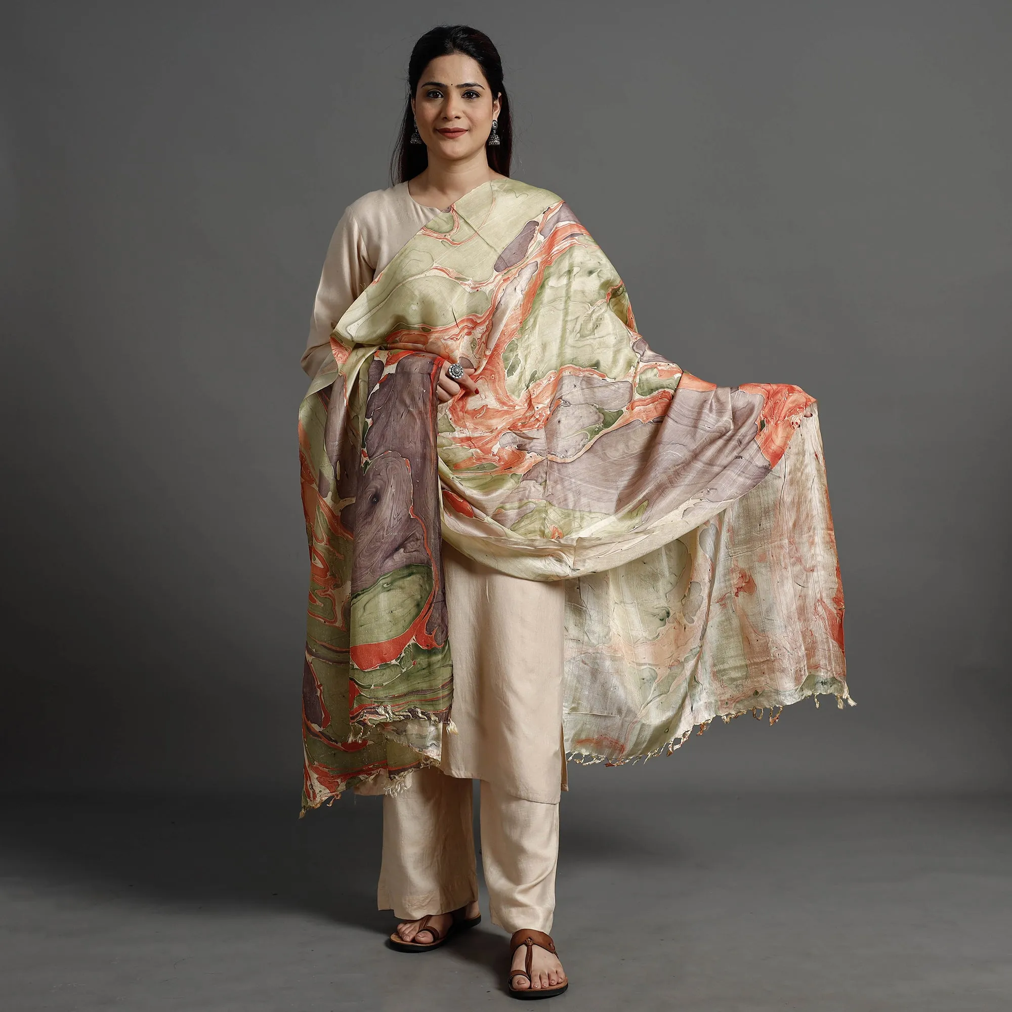 Multicolor - Banana Silk Marble Printed Dupatta with Tassels 37