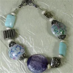 Purple, Aqua and Silver Artisan Bead  Bracelet