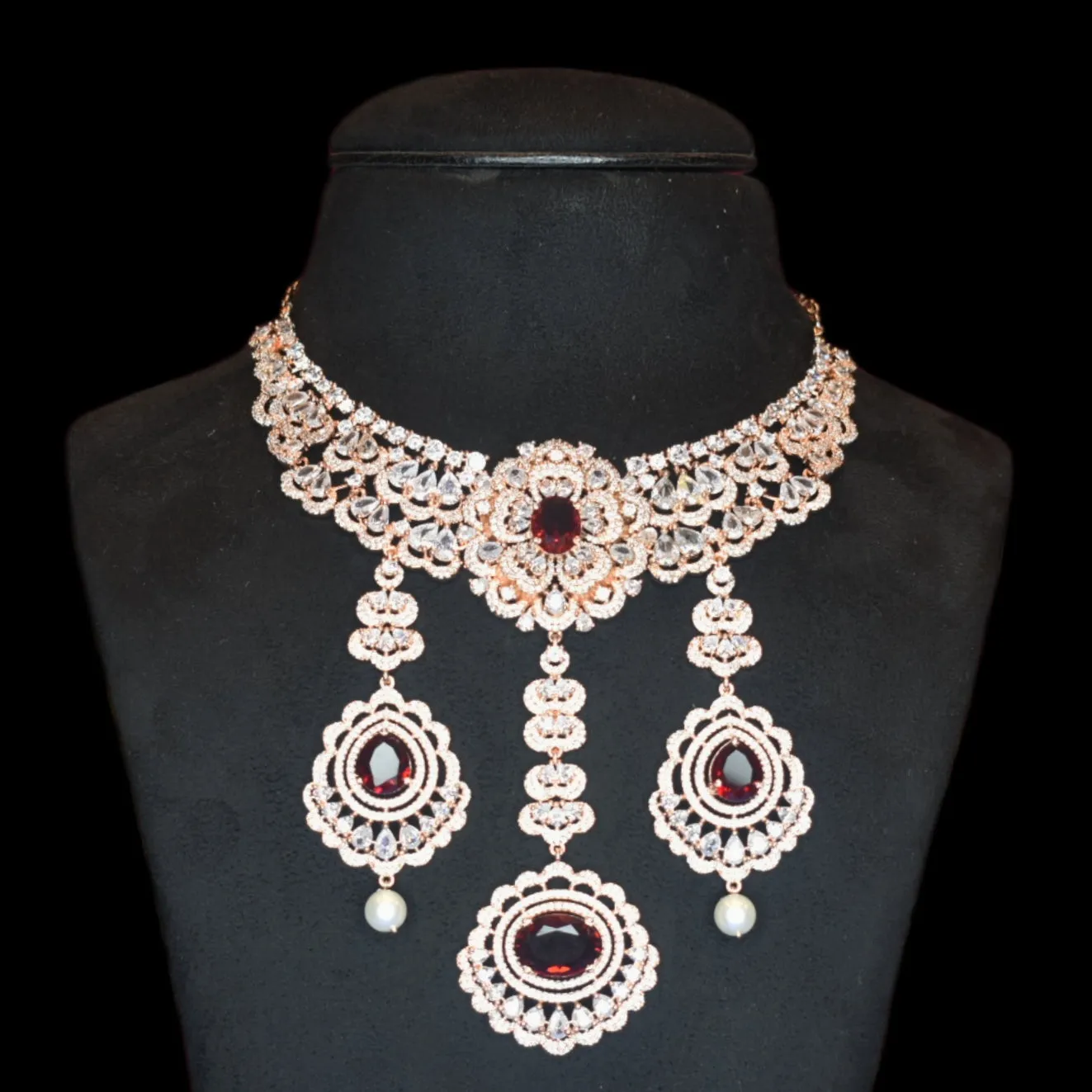 "Regal Elegance: The Luxurious Rose Gold American Diamond Necklace Set"