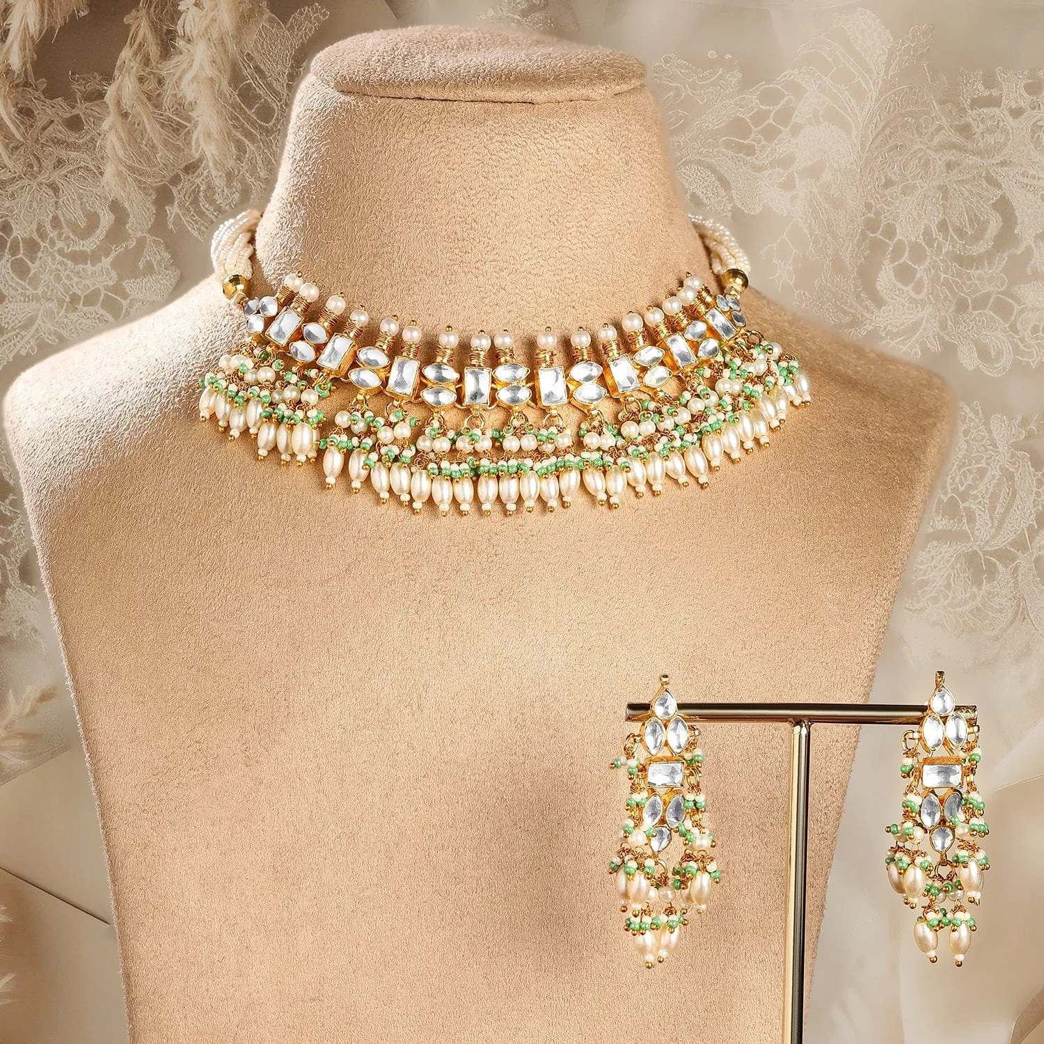 Rubans 24K Gold-Plated Pachi Kundan Studded Necklace & Earrings Set with Pearl & Green Bead Details