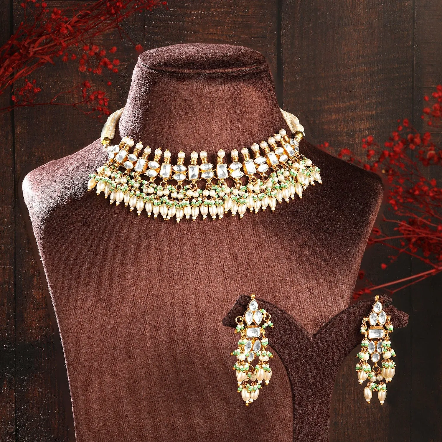 Rubans 24K Gold-Plated Pachi Kundan Studded Necklace & Earrings Set with Pearl & Green Bead Details