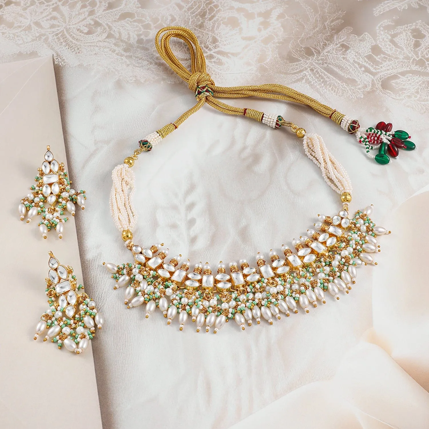 Rubans 24K Gold-Plated Pachi Kundan Studded Necklace & Earrings Set with Pearl & Green Bead Details