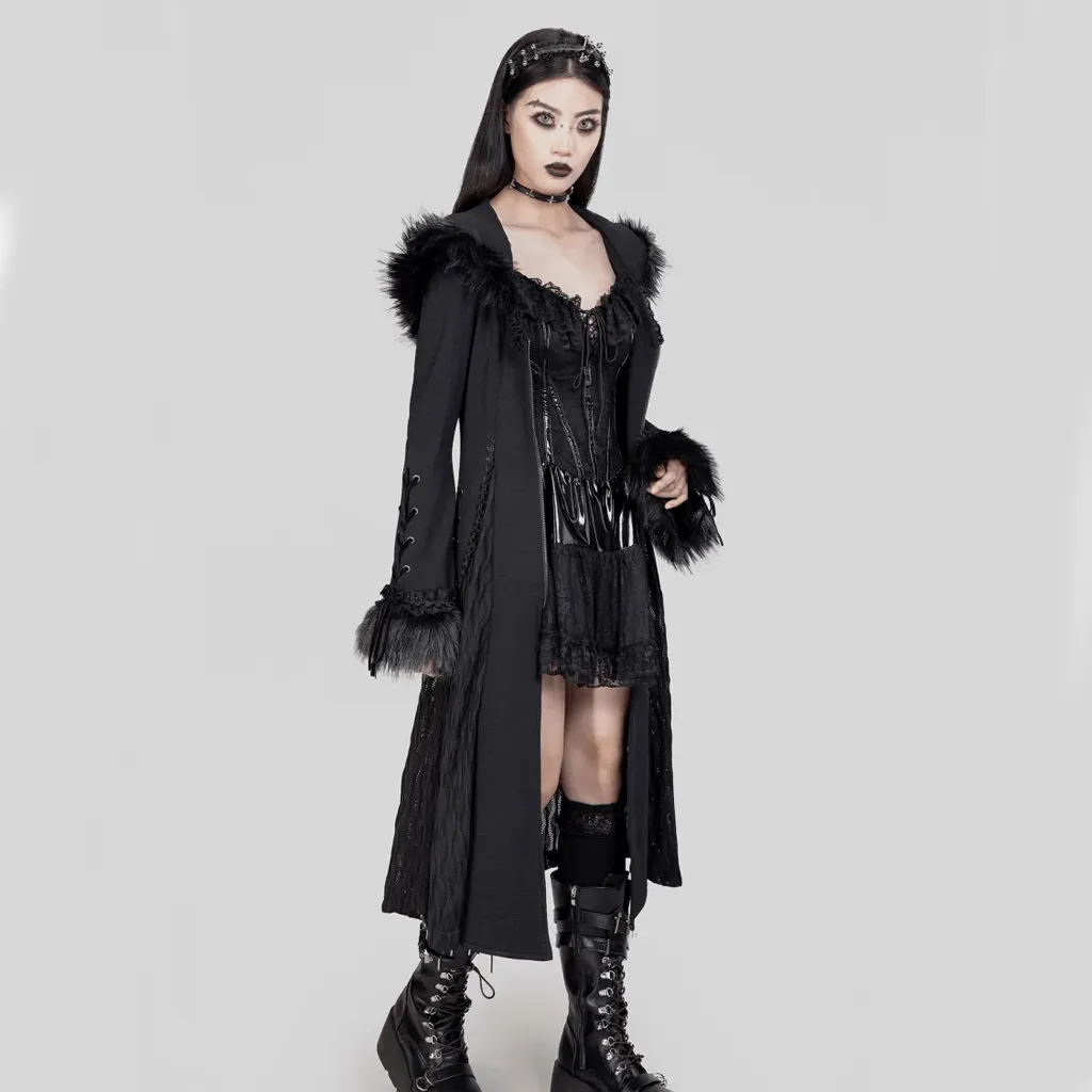 Women's Gothic Flared Sleeved Faux Fur Splice Coat with Hood