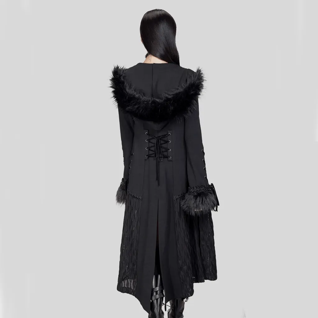 Women's Gothic Flared Sleeved Faux Fur Splice Coat with Hood