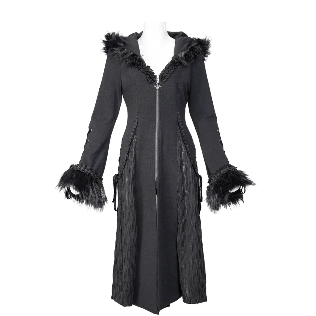 Women's Gothic Flared Sleeved Faux Fur Splice Coat with Hood