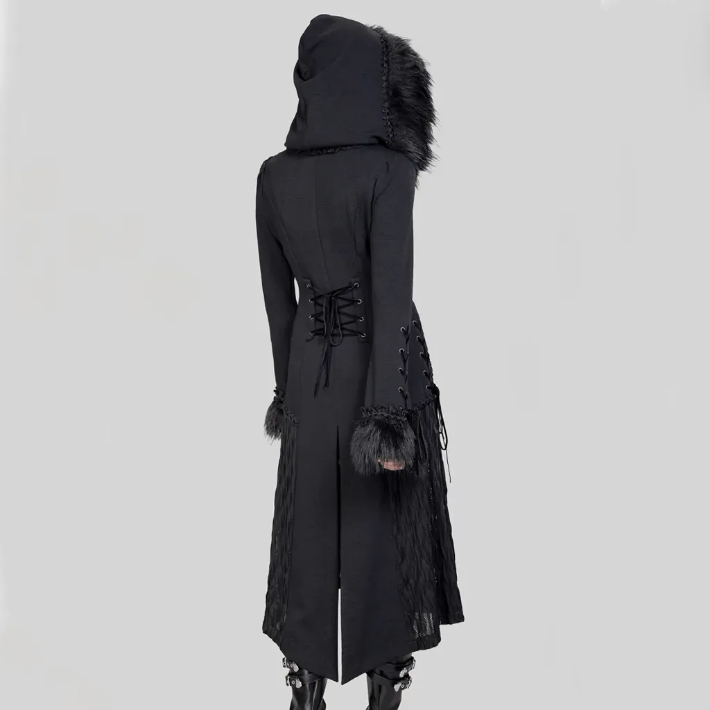 Women's Gothic Flared Sleeved Faux Fur Splice Coat with Hood